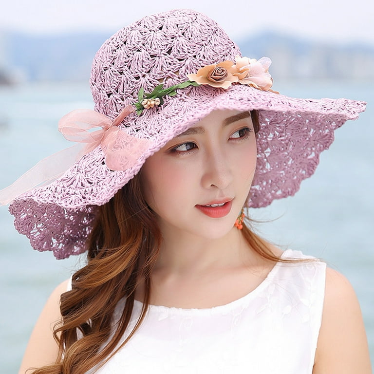 Klzo Summer Sun Hats for Women with Wide Brim Folding Sun UV Protection  Straw Beach Hat, 56-58 cm