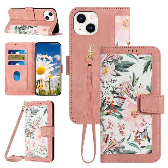 Compatible with iPhone 13 Wallet Case for Women, Shoulder Strap   Wristband Premium PU Leather Floral Flip Cover with Card Holder Kickstand Feature Protective Purse Case, Pink
