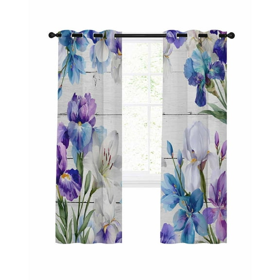 Spring Floral Blackout Curtains for Bedroom Living Room, Watercolor Purple Blue Iris Flowers Wood Grain 39 In Long Thermal Insulated Room Darkening Drapes Grommet Window Treatments, 27.5 x 39 In