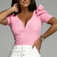 thumbnail image 3 of aidice Summer T Shirts for Women Ribbed V Neck Puff Sleeve Slim Fitted Shirts Casual Comfy Going out Tops, 3 of 7