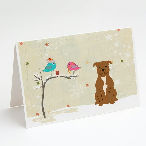 Christmas Presents between Friends Bull Terrier - Brown Greeting Cards and Envelopes Pack of 8