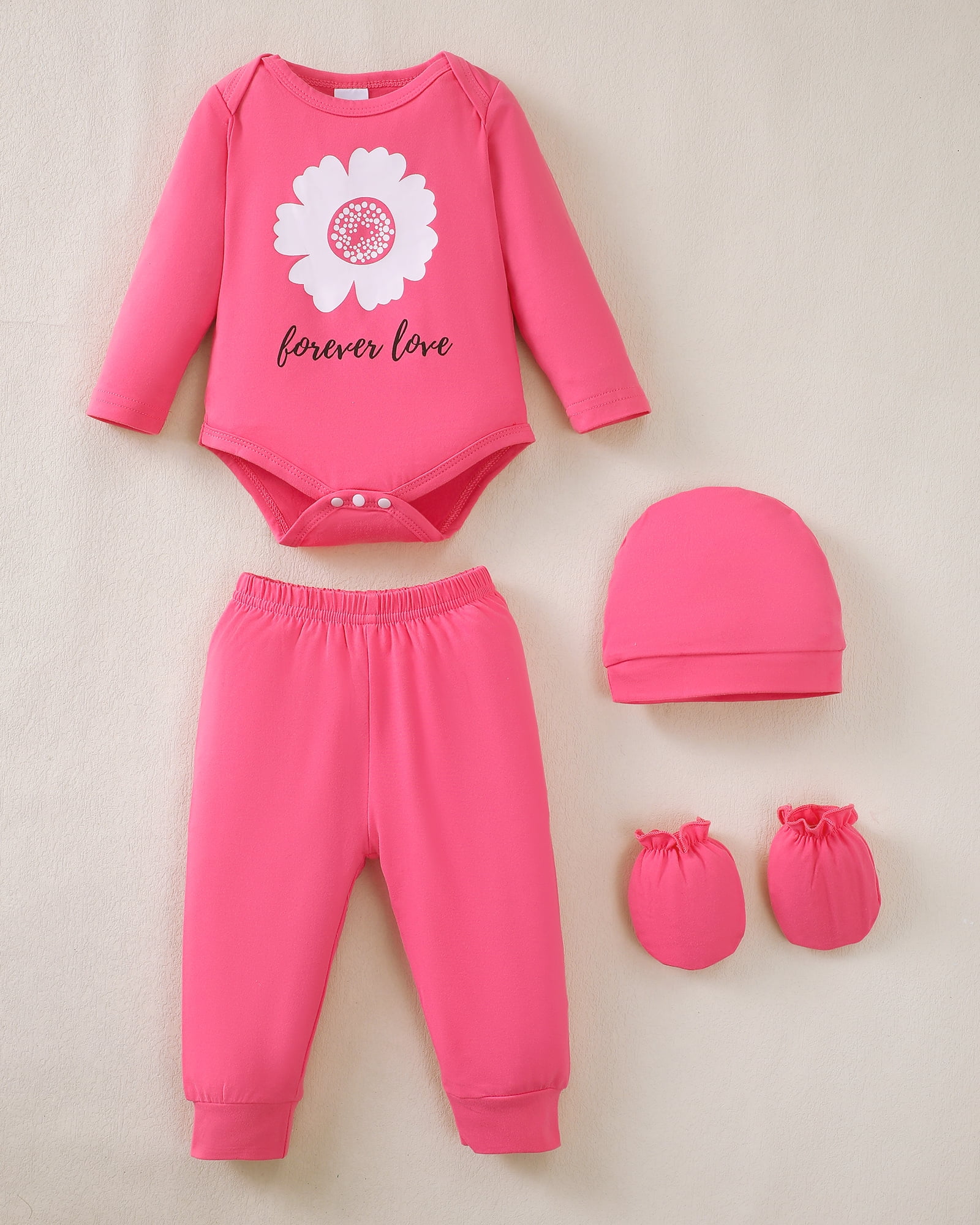 KIMI BEAR Newborn Baby Girls Layette Set 4 Packs 0-3 Months Winter Clothes Outfits Long Sleeves Romper Top Pants Gloves Hats 16 Piece Essentials Accessories Clothing Gift Sets Pink