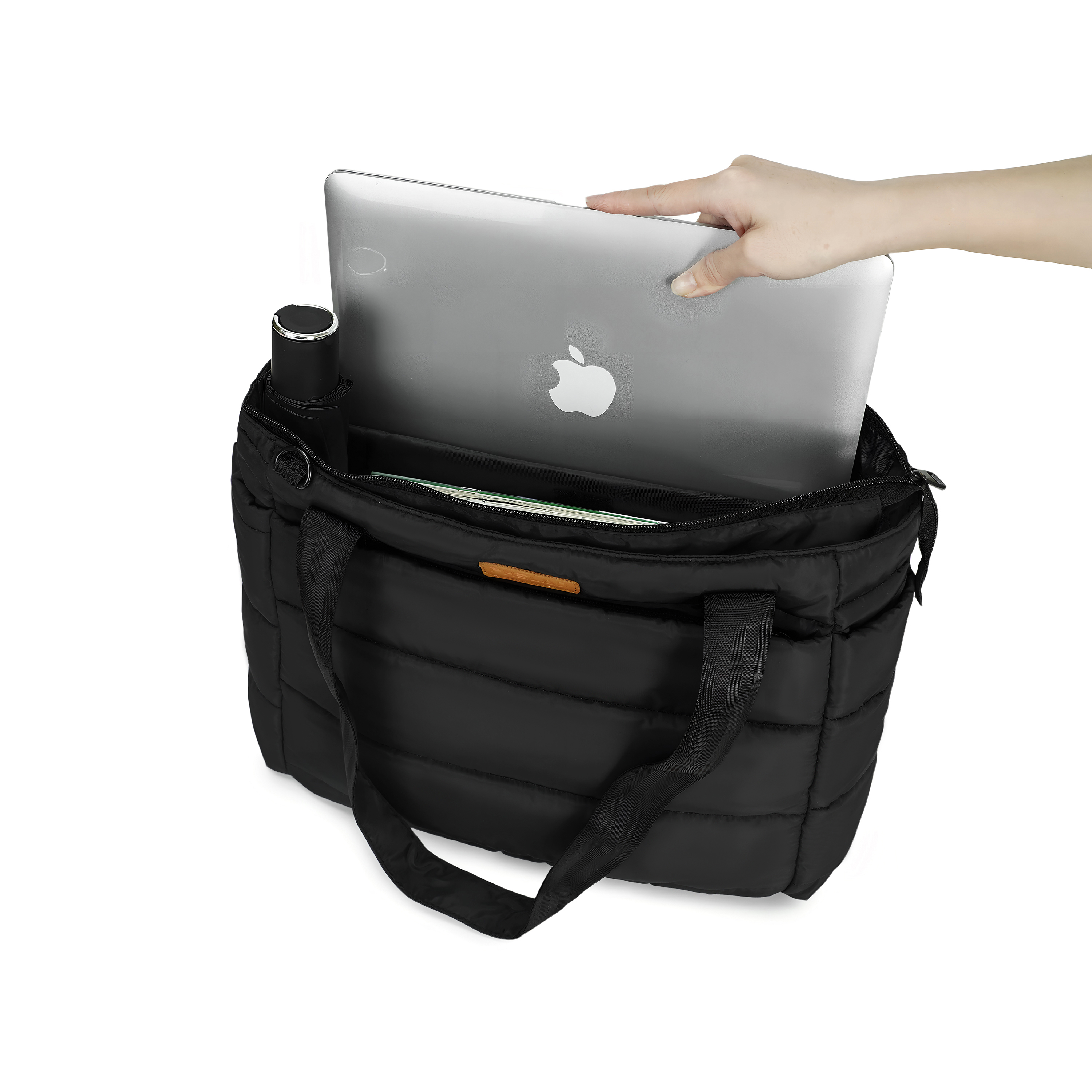 DEFAHN Waterproof Multifunctional Laptop Tote Bag for Women, Lightweight Puffer Tote with 15.6 Inch Compartment and Luggage Strap, Black