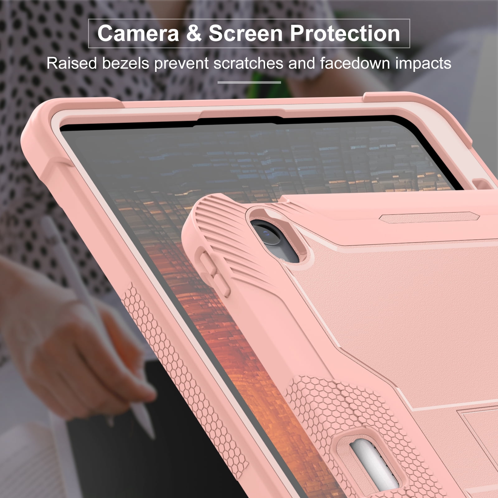 Dteck Case for iPad Air 13-inch (M2) 2024, iPad Air 13 Inch Case with Kickstand and Pencil Holder, Heavy Duty Shockproof Protective Cover for Kids,Rosegold