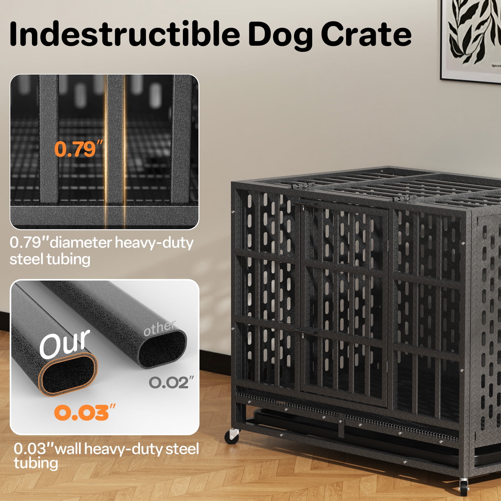 YOKWOK 38 Inch Heavy Duty Dog Crate for Small Dogs, Indestructible Chew-Proof & Escape-Proof Dog Cage for High Anxiety Dogs, Steel Dog Kennel with Locking Wheels & Removable Tray, Black