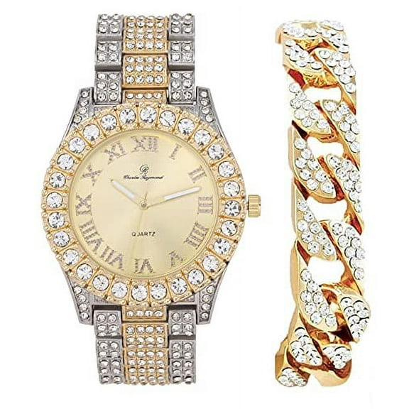 Charles Raymond Mens Silver Big Rocks with Roman Numerals Fully Iced Out Colorful Dial Wristwatch w/Blinged Out Cuban Shiny Silver Bracelet - ST10327 RN Cuban (TT - Gld/SLV Gld Dial)