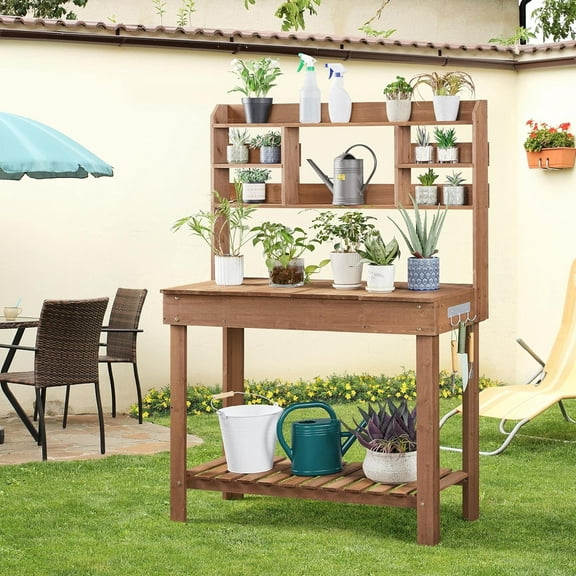 Potting Bench Table Horticulture Germination Table & Outdoor Garden Work Bench Platform w/Display Rack/Storage Shelf/Hanger/Thoughtful Sink Brown