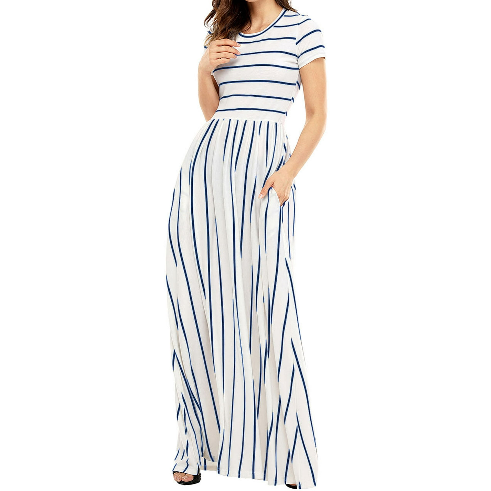 Women s Blue Striped White Short Sleeve Maxi Dress Walmart