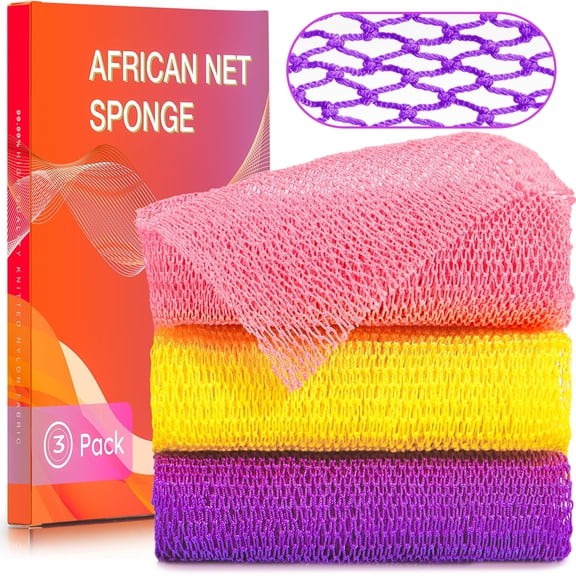 UJFQBH 3 Pieces African Net Sponge Authentic African Net Long Net Bath Sponge Exfoliating Shower Body Scrubber Back Scrubber Skin Smoother,Great for Daily Use (Pink,Yellow,Purple)