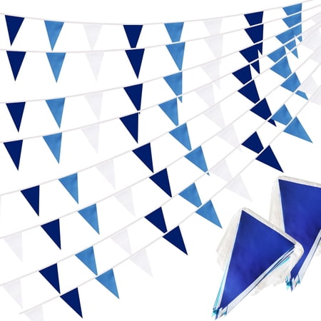 100 Ft Blue Dark Blue and White String Flags Pennant Banner Hanging DIY Triangle Bunting Blank Banners for Grand Opening,60 Flags