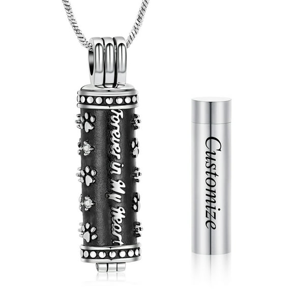 Personalize Forever in  My Heart Paw Prints Cylinder w/ Hollow Urn  Urn Pendant Cremation Jewelry for Dog Cat Ashes Holder Pet Memory Necklace