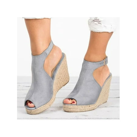 

Eloshman Ladies Espadrille Wedge Sandals Slingback Peep Toe Work Comfort Platform Sloping High Heels Light Gray 9