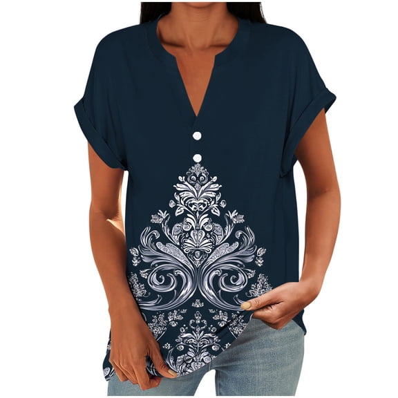 Zivyakyron T-Shirts for Women Short Sleeve V-Neck Summer Tops for Women Henley Loose Casual Button Graphics Tops
