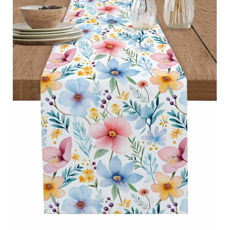 

Table Runner Dresser Scarves 60 Inch Long Watercolor Blooming Flower Leaves Linen Dining Table Runners Spring Colorful Floral Tabletop Scarf for Wedding Holiday Party Kitchen