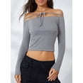 thumbnail image 3 of FEORJGP Women Long Sleeve Short T-Shirts Tie-Up Boat Neck Jumpers Off Shoulder Shirts Solid Color Blouses Slim Fit Cropped Tops Casual Fashion Streetwear for Spring Fall, 3 of 9