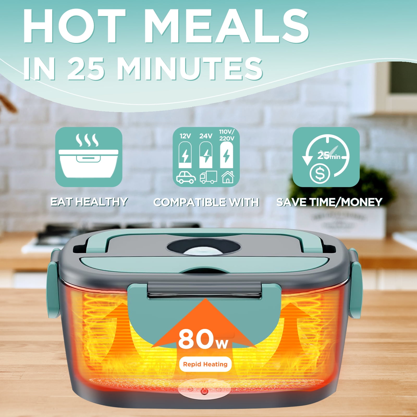 Aotto Electric Lunch Box Food Heater, 80W Portable Warmer for Car Truck Work with Dual 1.5L Stainless Steel Containers, 12V/24V/110V/220V Heated Lunch Box Suitable for Ideal Driver/Work/Gift