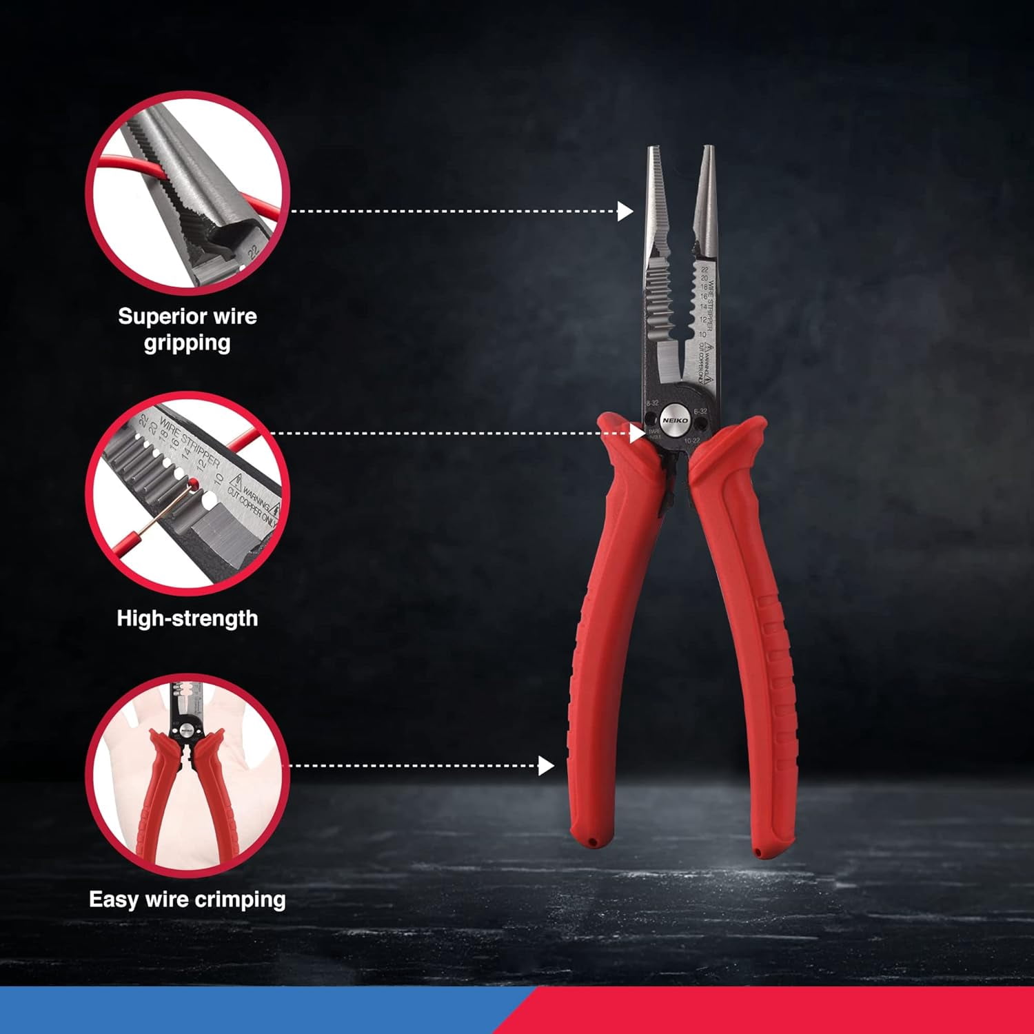NEIKO 02038A 6-in-1 Wire Service Tool | 8-1/2" Length | Gripper, Crimper, Stripper, Cutter, Extractor, Electrician Pliers