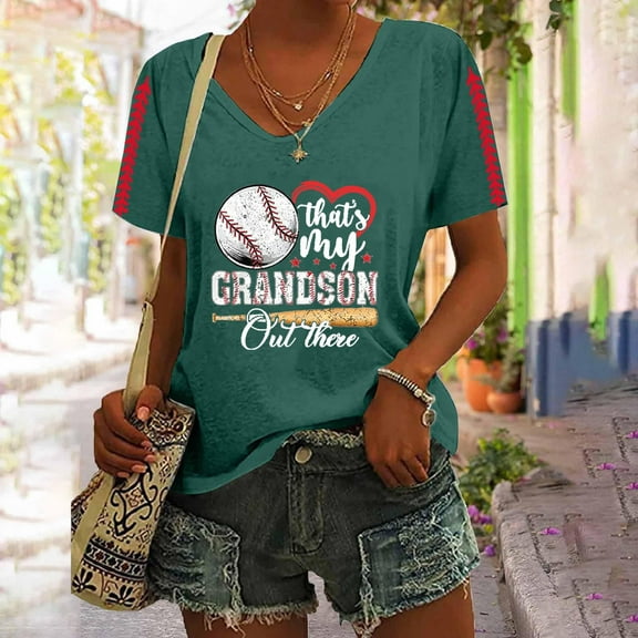 Bovemsi Women's Baseball Season Solid Color Sports Top V Neck Loose Short Sleeved Shirt, Green Women's Summer Short Sleeve T-Shirts, XXL