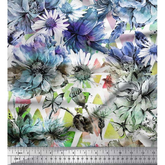 Soimoi Blue Velvet Fabric Triangle & Floral Printed Fabric 1 Yard 58 Inch Wide