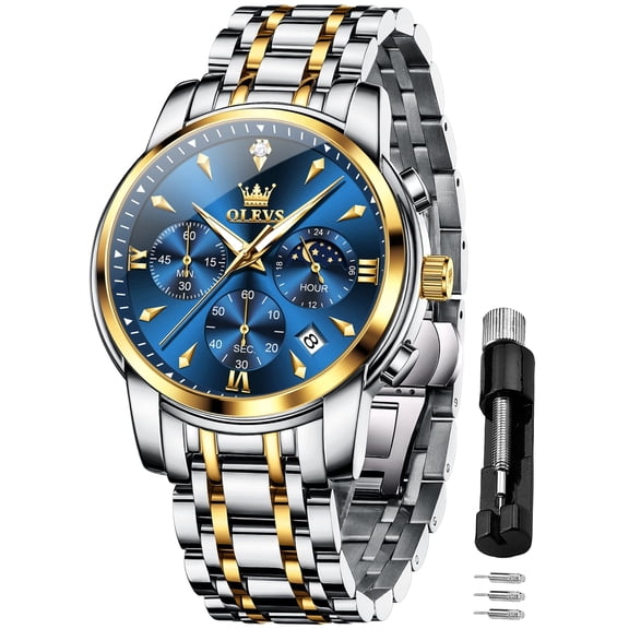 OLEVS Watches for Men Big Face Stainless Steel Analog Quartz Business Dress Moon Phase Waterproof Casual Chronograph Gold Plated Luminous Date Two-tone Classic Mens Wrist Watches Reloj Para Hombre