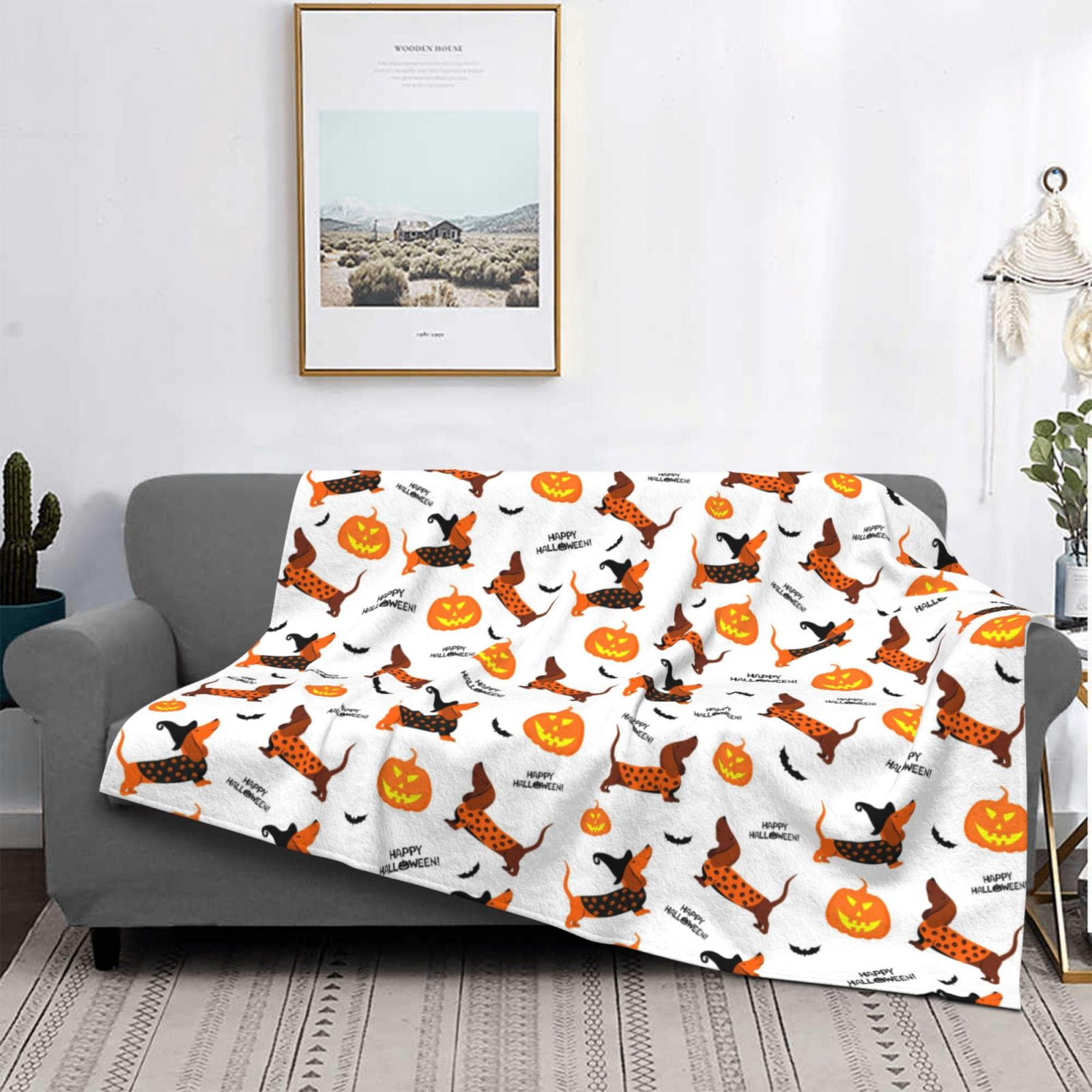 Throw Blanket for Couch - pumpkin halloween dog Soft Comfy Lightweight Cozy Warm Throw Blanket, Fuzzy Plush Flannel Blanket & Throws for Sofa and Bed All Season
