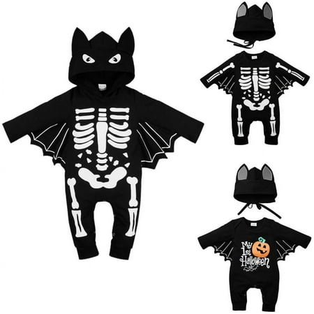 

Uccdo My First Halloween Outfits Newborn Baby Boy Girl Bat Skeleton Print Bodysuit Infants Hoodie Romper Jumpsuit