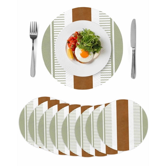 Sage Green Farmhouse Round 15 Inch Placemats Set of 8, Green Brown Striped HeatResistant Non Slip Place Mats for Dining Table, Wipeable Braided Kitchen Table Mats for Housewarming