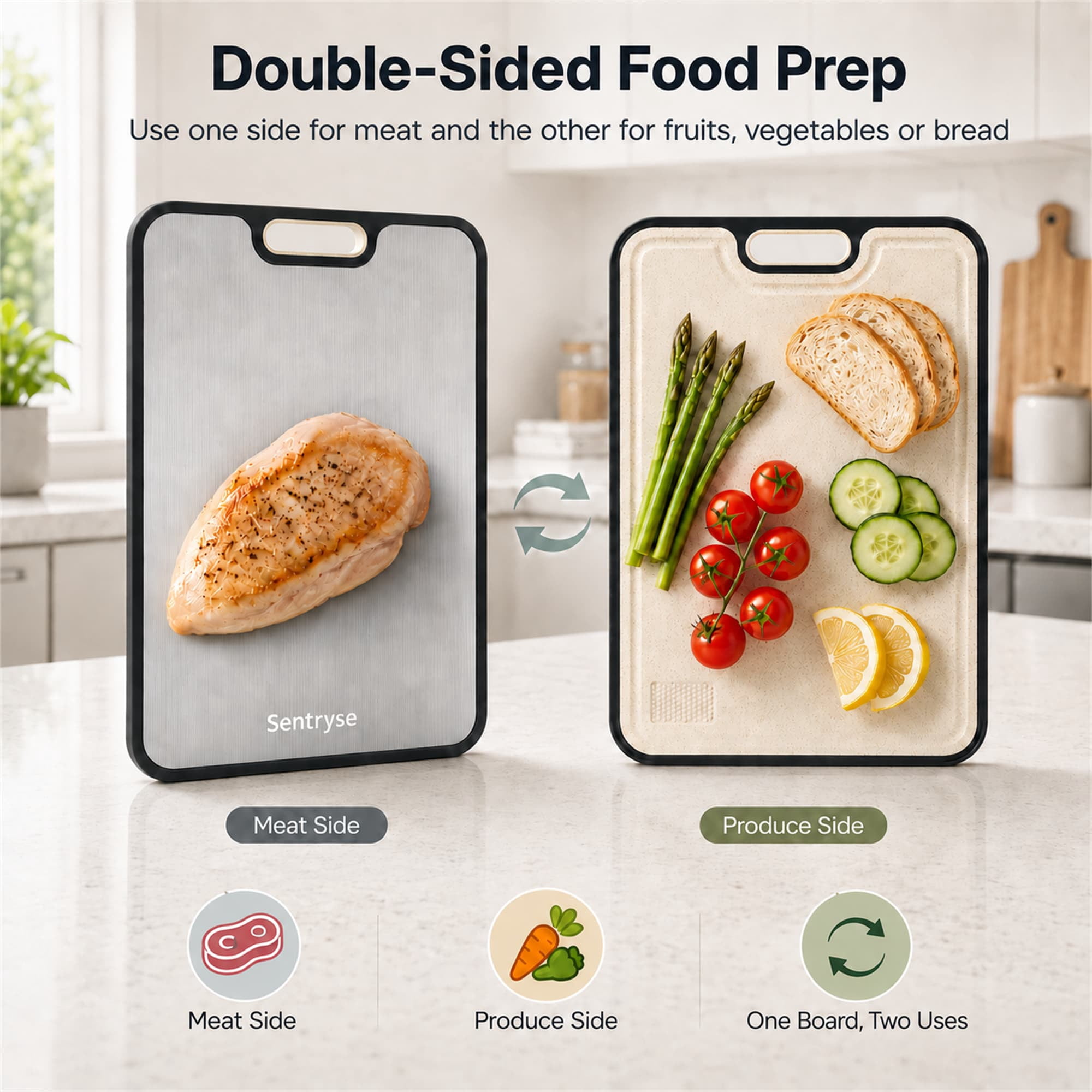 Sentryse Titanium Cutting Boards for Kitchen, Stainless Steel Cutting Board Double Sided Food Grade, Non Toxic Chopping Board Large 16'' x 11'', Dishwasher Safe, 1 Pack