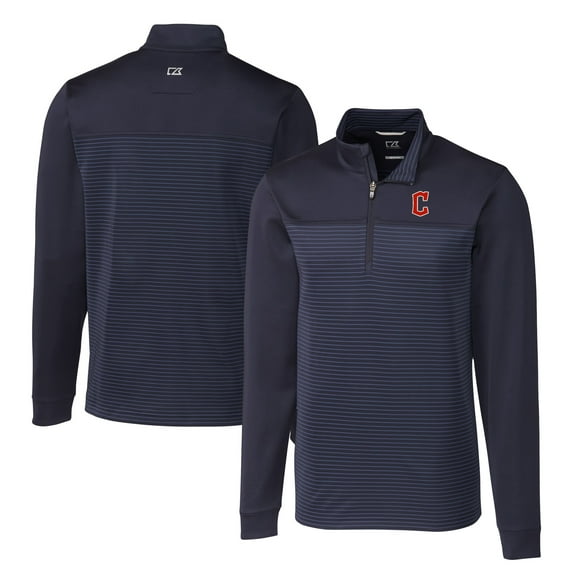 Men's Cutter & Buck Navy Cleveland Guardians Big & Tall Traverse Stripe Stretch DryTec Quarter-Zip Top
