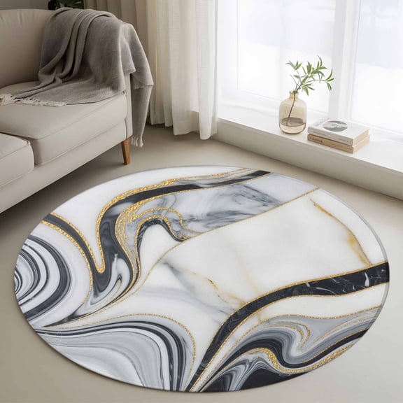 White Grey Marble Round Area Rug 4Ft Washable Circle Rugs for Bedroom Dining Room, Modern Abstract Art Ink Painting Non-Slip Carpet Floor Mats Indoor Outdoor Carpet Runner Aesthetic Home Decor