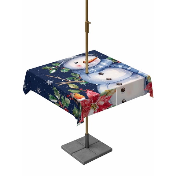 Outdoor Tablecloth with Umbrella Hole and Zipper, Navy Blue Snowman Square Table Cloth 54x54 Inch Waterproof Tablecloth, Christmas Poinsettia Winter Snowflake Picnic Table Cover for Patio Camping