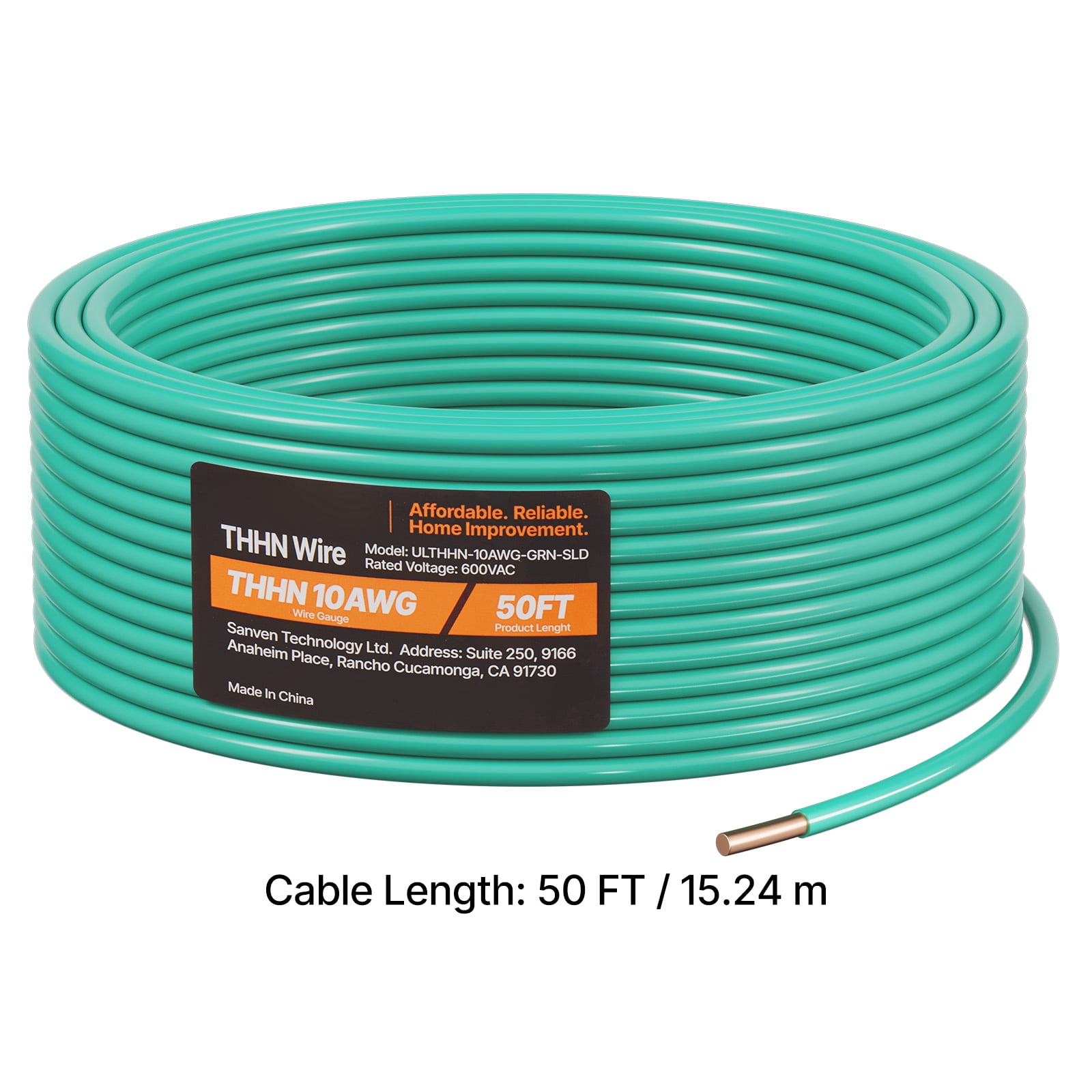 KFFKFF 10 AWG Solid THHN Wire, Pure Copper Electrical Wire with Durable Nylon Jacket and PVC Insulation, Rated for 600 Volts, Suitable for Residential, Industrial, and Commercial Use, Green (50 Feet)