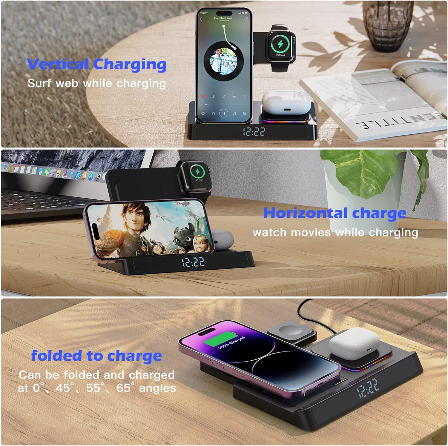 Wireless Charger iPhone ,Foldable 4 in 1 Fast Charging Station for Apple iWatch , Airpods ,iPhone with Clock and QC3.0 Adapter Black