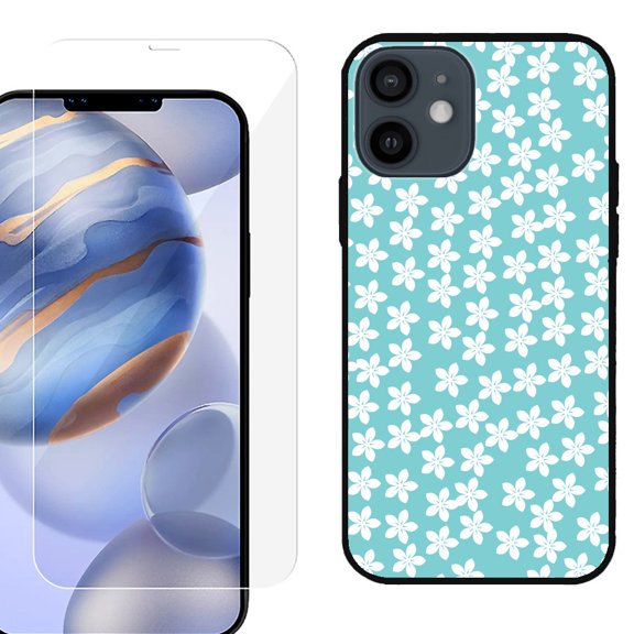 Slim-Fit Protective Phone Case (Black) compatible with iPhone 12 / iPhone 12 Pro, with Tempered Glass Screen Protector, by OneToughShield ® - Flower/Teal