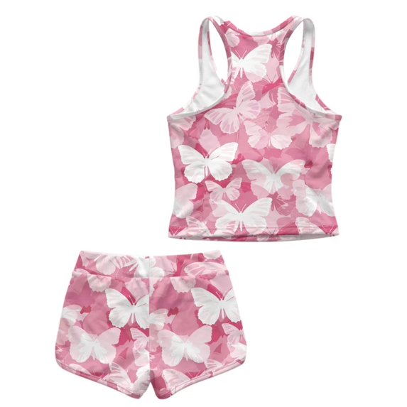 Xoenoiee Pink Butterfly Print Girls Swimsuit 2 Piece Tankini Set Girls Sleeveless Swimwear Swim Shorts Hawaiian Skin-friendly Bathing Suit for Teen Girls, Size 10-11 Years