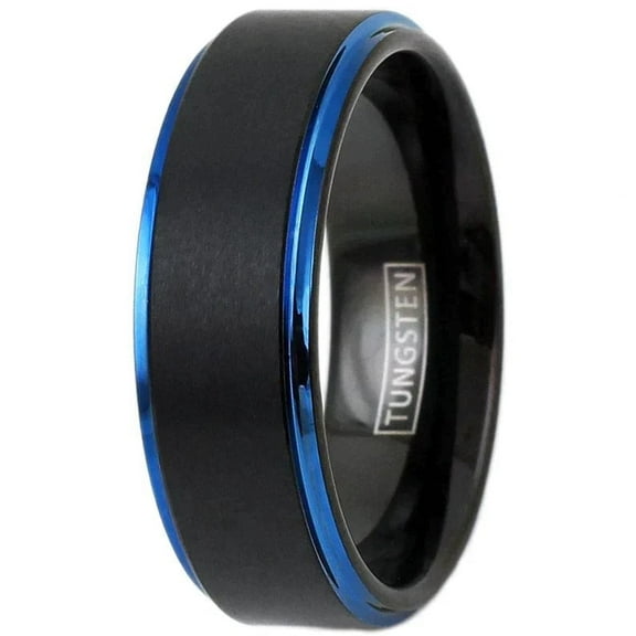 Tungsten Rings for Men Wedding Bands for Him Womens Wedding Bands for Her 8mm Black Brushed Blue Stripe