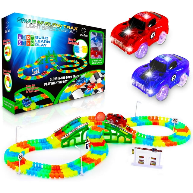 Set de pista de carreras USA Toyz Glow con 2 coches de juguete iluminados, 360 unidades
