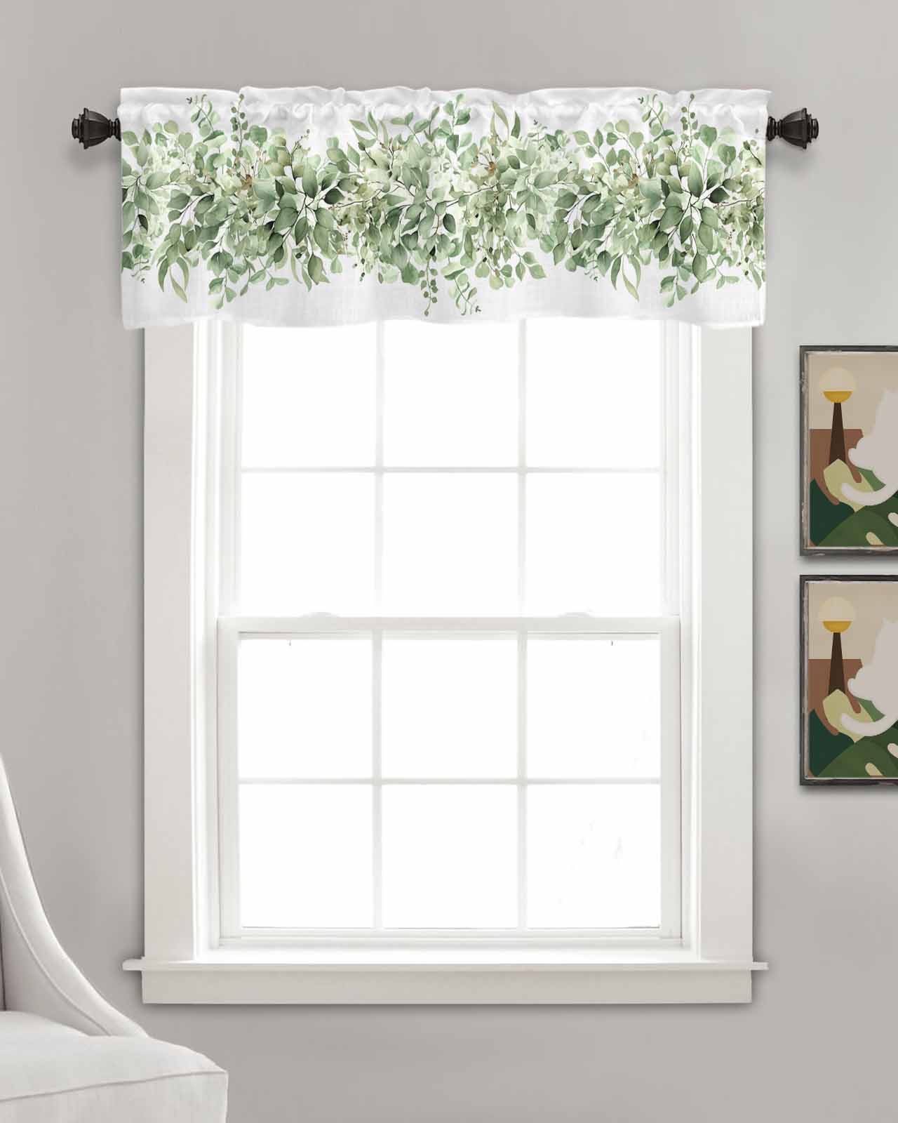 Sage Green Eucalyptus Linen Curtain Valance for Bedroom/Bathroom/Kitchen/Living/Dining Room Window,Country Nature Plant Leaves Botany White Pocket Topper Drapes Decorative Cafe Drapery Panel 54"x18"