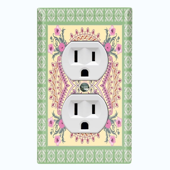 Metal Light Switch Plate Cover Green Pink Floral Paisley Circular Tile Pattern TIL086
