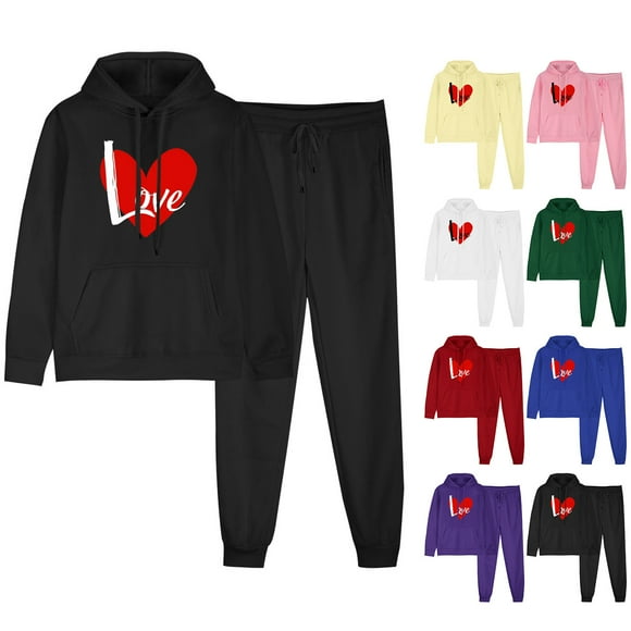 JURANMO Fashion 2 Piece Outfits for Women, Love Heart Graphic Sweatsuits Cute Jogger Tracksuits Long Sleeve Hoodie Matching Sets Deal of The Day Black XL