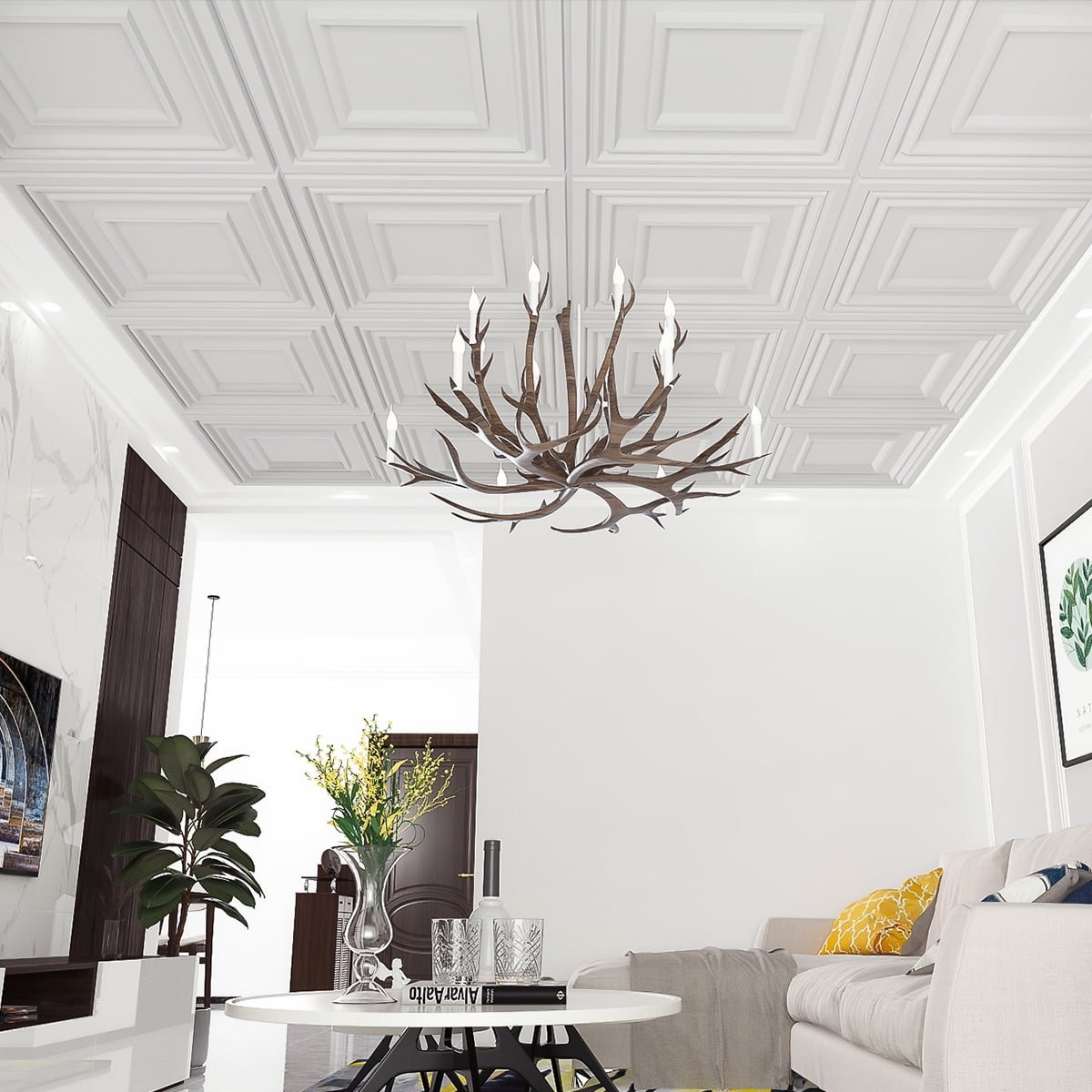 Art3d 12-Pack Matt White PVC Decorative Ceiling Tile 2ft x 2ft for Drop in Grid System