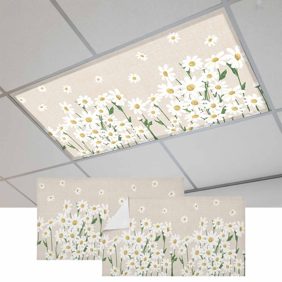 Fluorescent Light Covers for Ceiling Lights Classroom, White Rustic Daisy Floral Magnetic Ceiling Light Cover Filter for School,Office, 2X4 FT, Pack of 2, Vintage Linen Texture