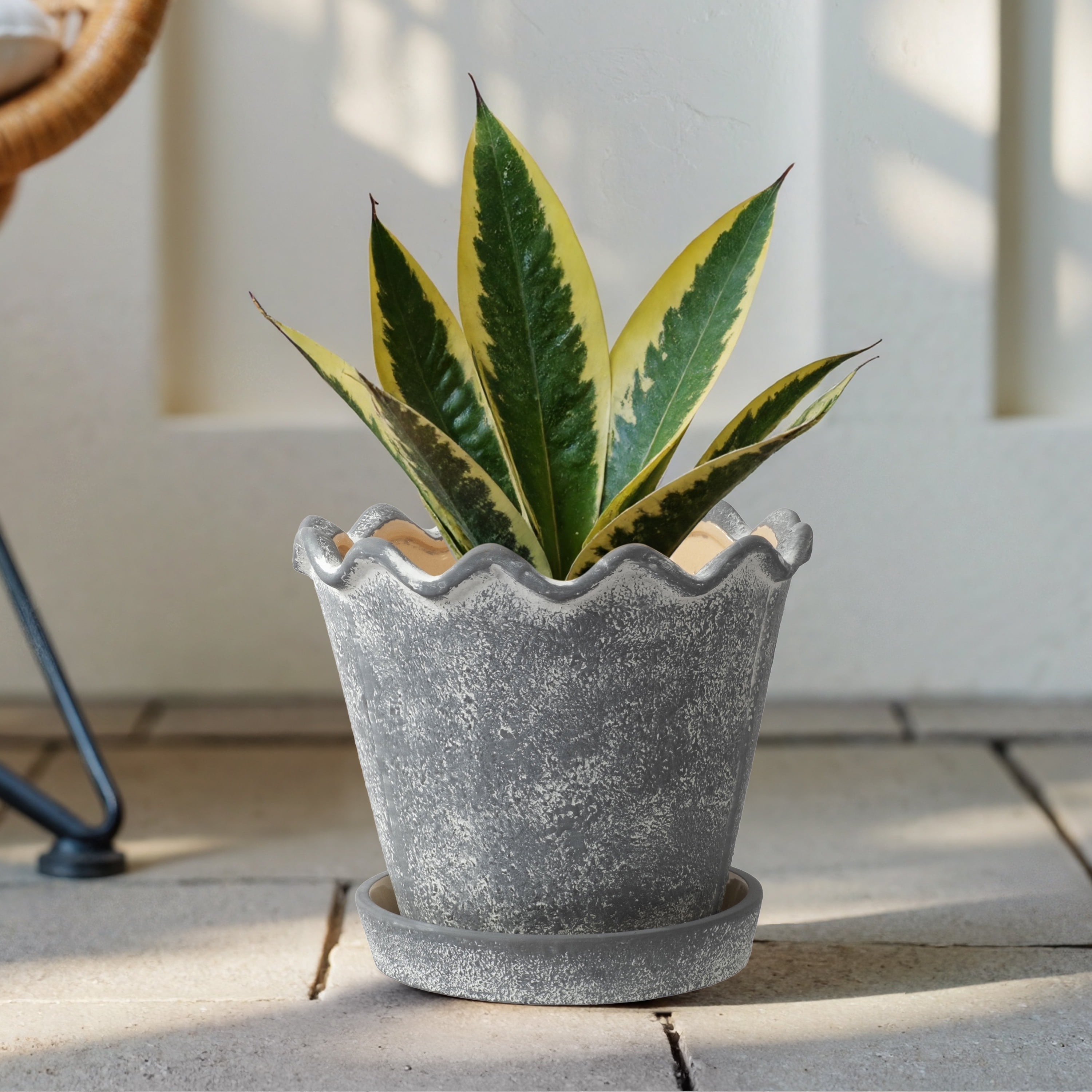 My Texas House Gray 8 inch Wave Planter Ceramic Pot for Indoor and Outdoor Use