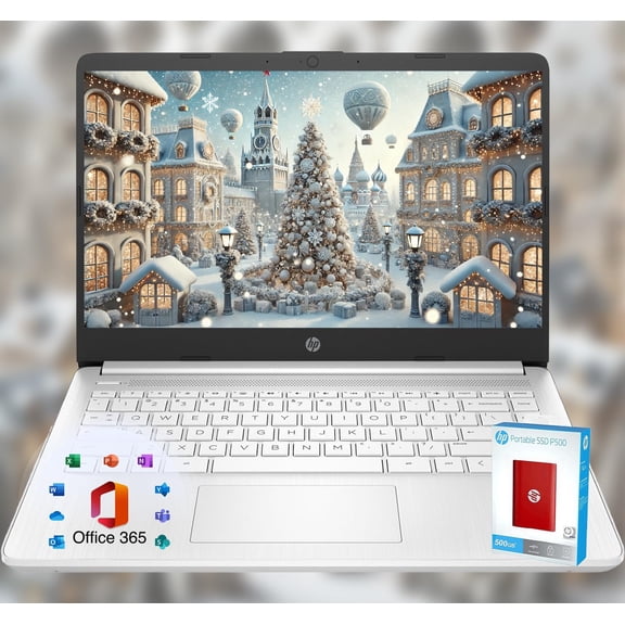 HP 14 Laptop • Back to School Limited Edition with Microsoft 365 • 4-Core Intel CPU • 16GB RAM •1600GB Storage (64GB OnBoard   512GB P500 Portable SSD   1TB OneDrive) • Snow White • Win 11