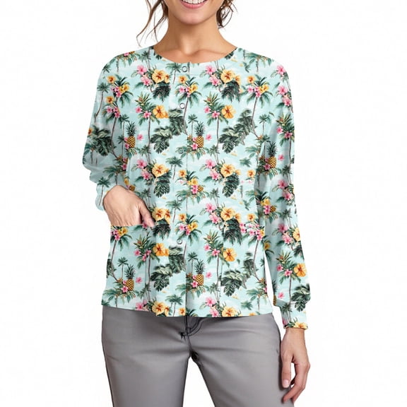 Easter Womens Scrubs Jacket Spring Bunny Pattern Long Sleeve Scrub Jackets Scrubs Jacket Workwear Uniforms with Pockets