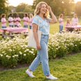 thumbnail image 4 of JULMCOMO Breast Cancer Shirts for Women Breast Cancer Awareness V Neck Loose Fit Casual Soft Tops Short Sleeve Pink Ribbon Graphic Tees Light Blue S, 4 of 6