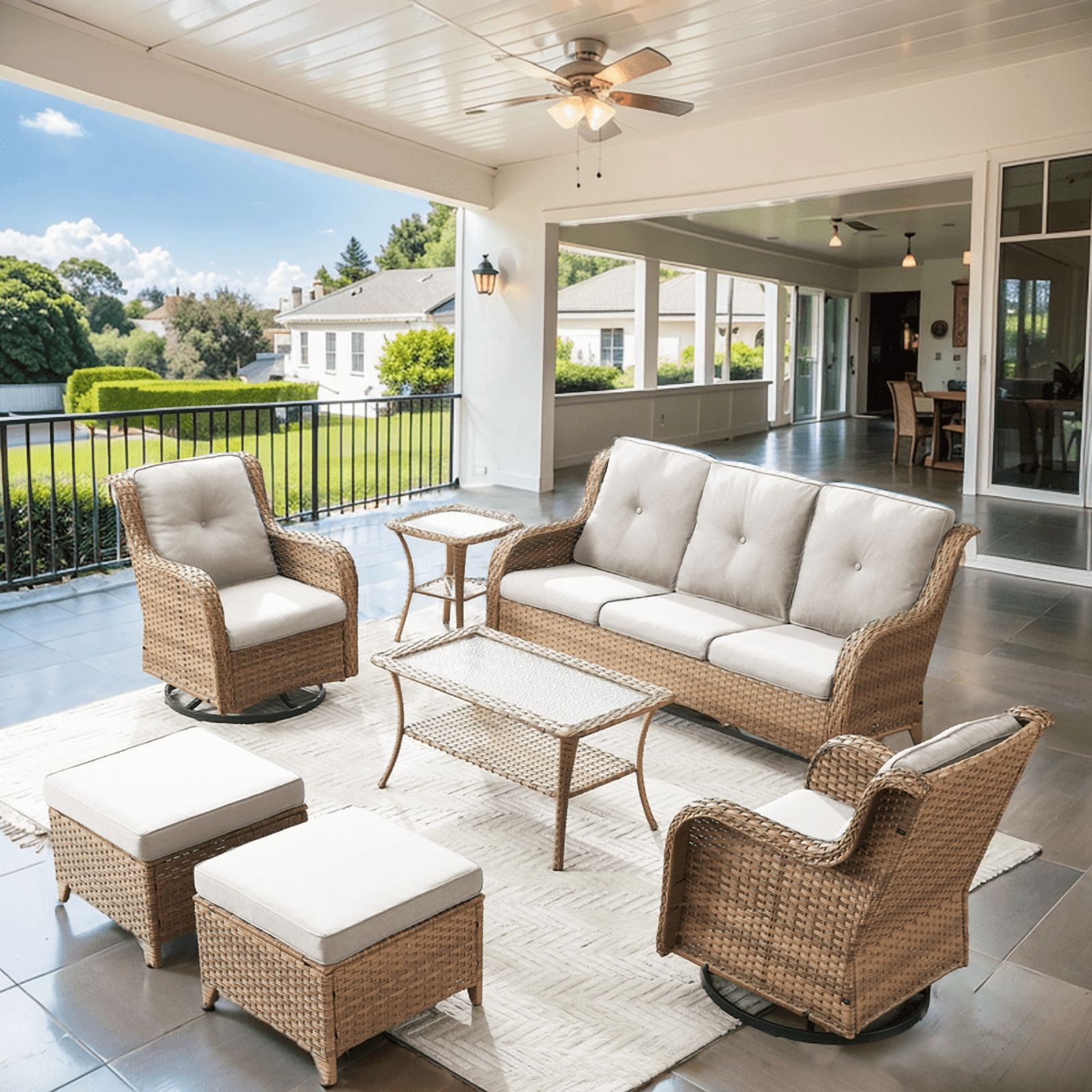 PARKWELL 7-Piece Wicker Outdoor Patio Dining Set with Side Table and Ottoman, Beige