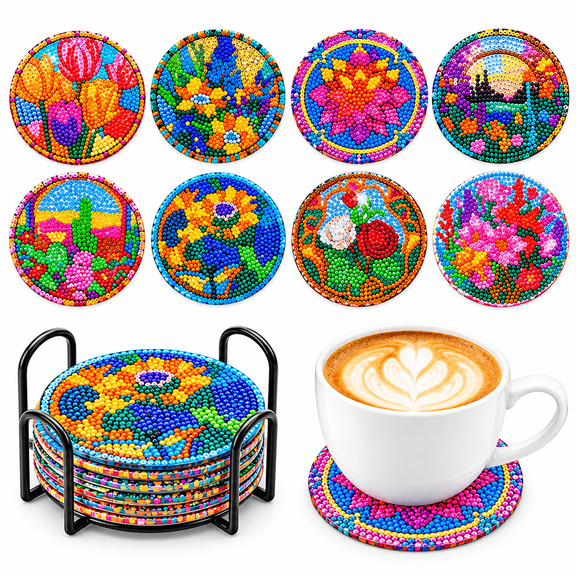Wavraging 8PCS Diamond Art Coasters Kit, Flowers Diamond Painting Coasters for Adult, Non-Slip Full Drill DIY Diamond Dot Coaster Art Supplies with Holder for Home Decor House Warming