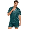 thumbnail image 1 of Mens Pijamas Color Sólido Hielo Seda de Manga Corta con Pantalones de Cuello de Cinco Puntos, Ropa de Dormir de Satén Conjunto para el Hogar, 1 of 8