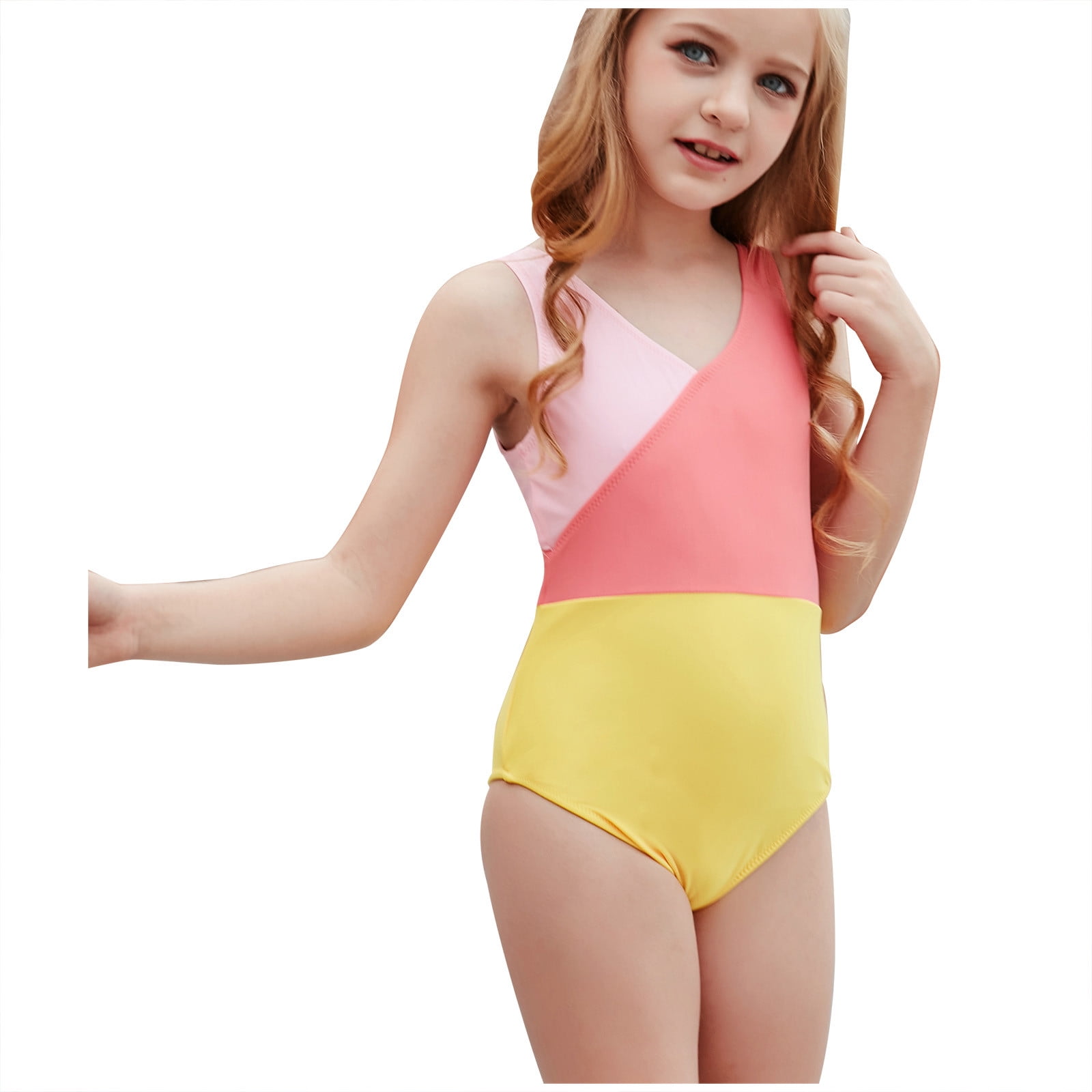 Girls Swimsuit Color Printed Backless Shoulder Swimwear One Piece Swimsuit Sport Set Swimwear for Girls 6-14Years 